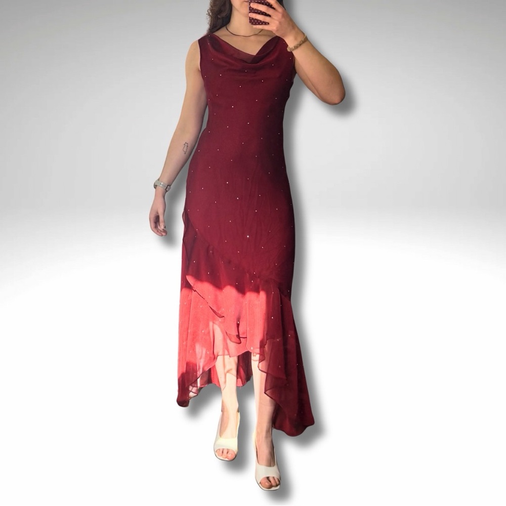 SOLD Vintage Elegant Red Sleeveless Evening Dress with Sequins Detail